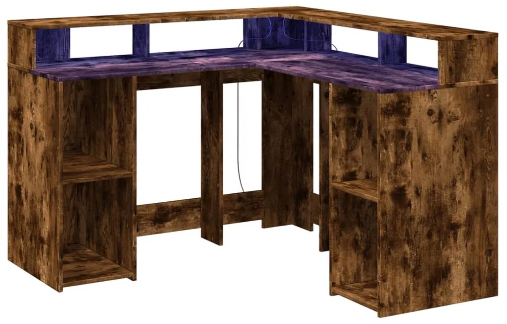 füstös tölgy színű szerelt fa íróasztal LED-ekkel 130x130x91 cm