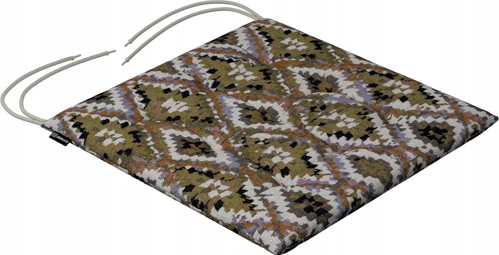 Károly székpárna 40x40 krémszínű azték mintákkal, olívazöld alapon