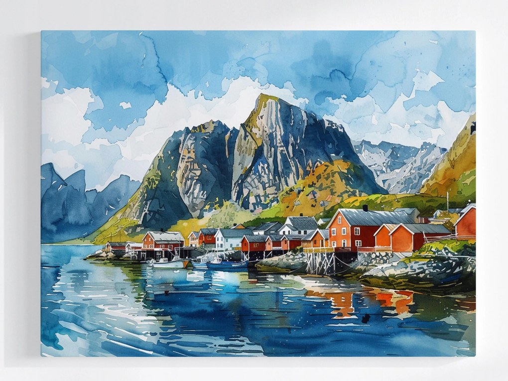 Vászonkép Canvas Norvégia Fjordok Hegyek Lofotok Házak Akvarell 80x60