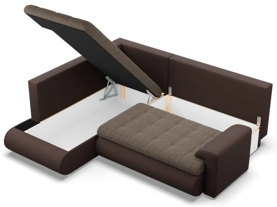 Tokio sarokkanapé, L alakú háttámlával, 2 ágyneműtartóval, fonott + műbőr, baloldali, barna