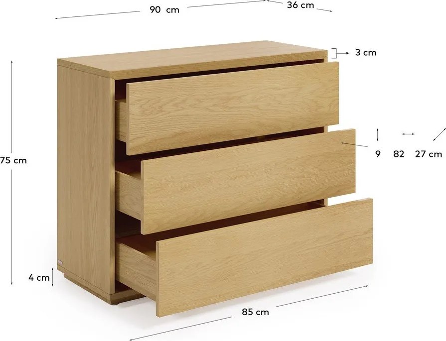 Alacsony természetes színű tölgyfa komód 90x75 cm Abilen - Kave Home