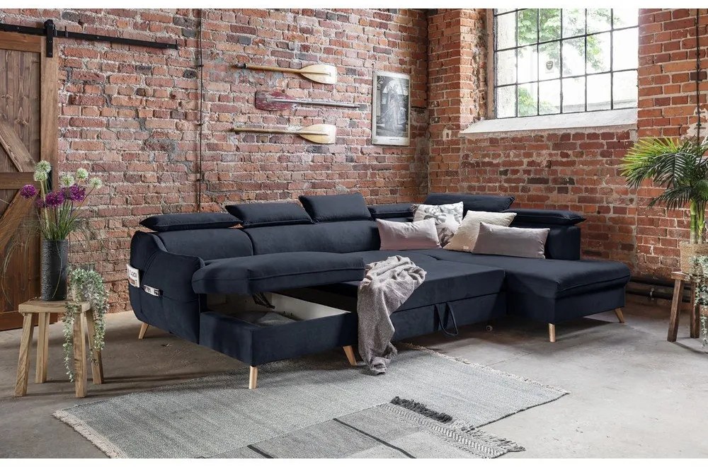 Sötétkék bársony kinyitható sarokkanapé (jobb oldali-"U" alakú) Sweet Harmony – Miuform