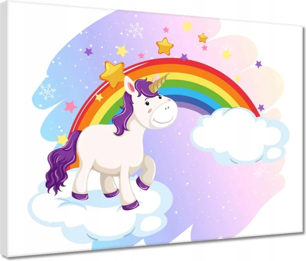 Vászonkép 40x30 Szivárvány és unikornis a felhőn