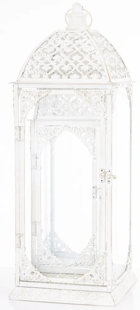 Vintage fehér szögletes 2db-os áttört fém lámpás lantern szett fogantyúval 50x17x17 / 62x22x22cm