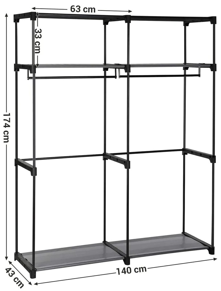 Mobil szövet ruhásszekrény akasztókkal 140 x 43 x 174 cm, fekete