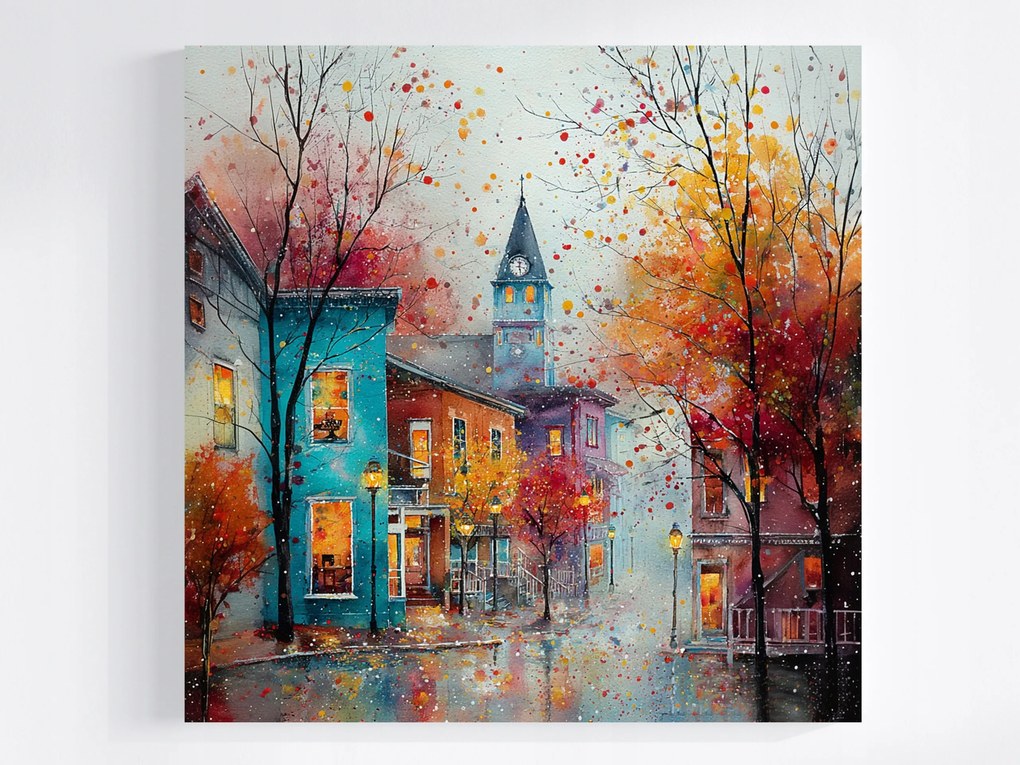 Vászonkép Canvas Akvarell Kilátás Város Utca Bérházak Ősz 80x80