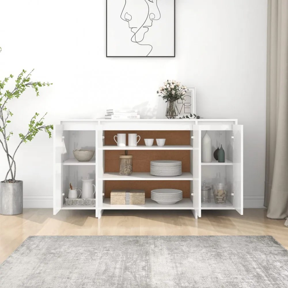 magasfényű fehér szerelt fa tálalószekrény 135x41x75 cm