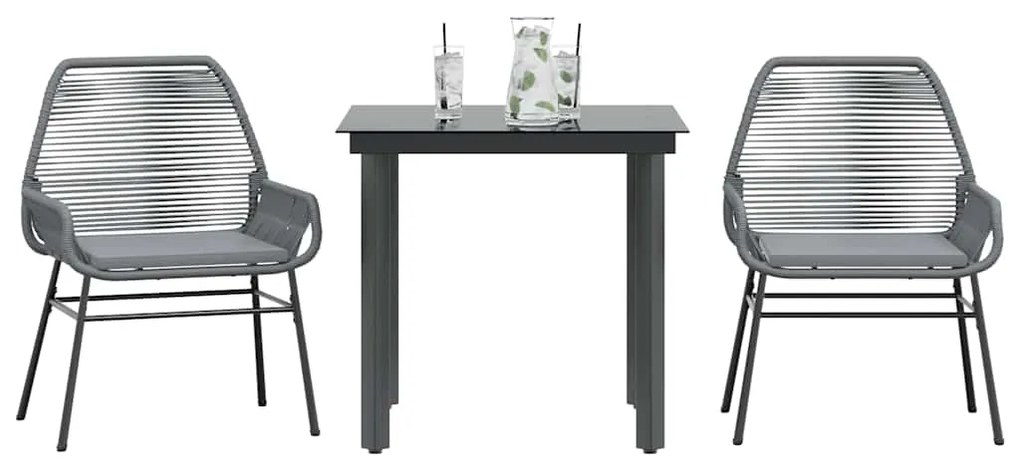vidaXL 3 részes szürke polyrattan üveg kerti étkezőgarnitúra párnával