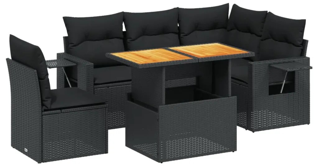 6 részes fekete polyrattan kerti ülőgarnitúra párnákkal