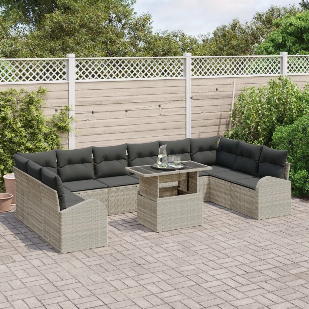 11 részes Kerti Kanapé Szett Párnákkal, Világosszürke, Polyrattan