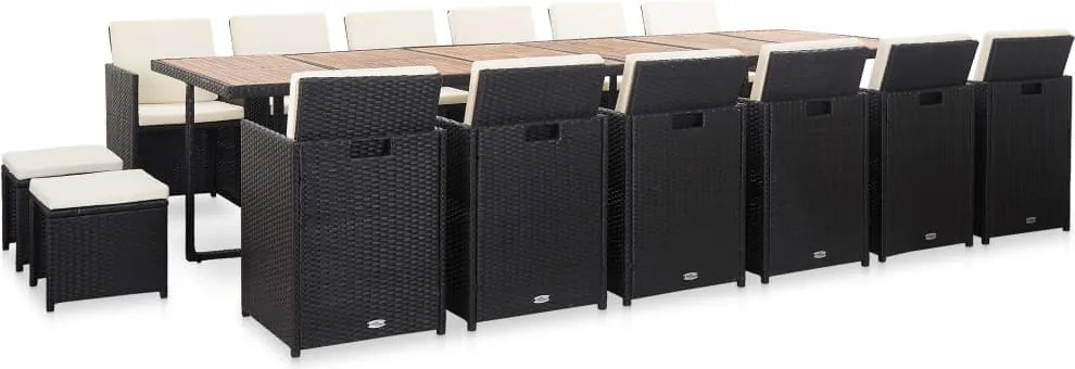 vidaXL 17 részes fekete polyrattan kültéri étkezőszett párnákkal