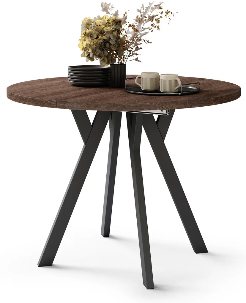 Mazzoni ALMO Barna tölgy/fekete lábak - BŐVÍTHETŐ KEREK ASZTAL Y ALAKÚ LÁBAKKAL LOFT/IPARI STÍLUSÚ NAPPALIBA/ÉTKEZŐBE