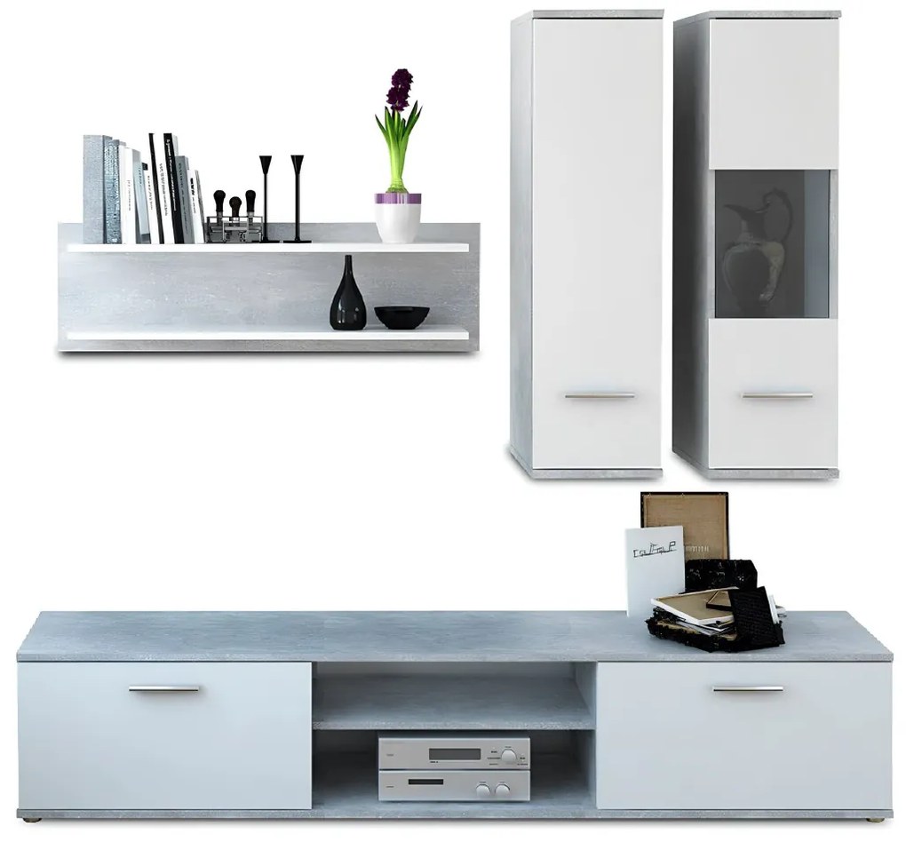 Nappali szekrénysor, beton/fehér, WAW NEW