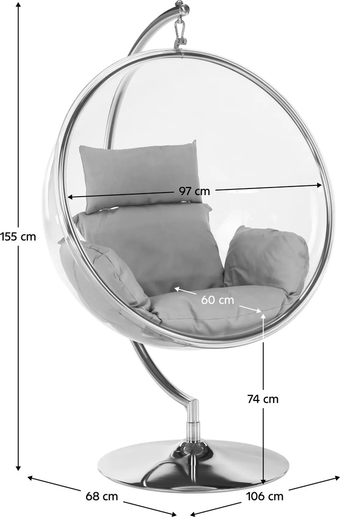 Függő fotel állvánnyal, átlátszó/ezüst/szürke, BUBBLE NEW TYP 3