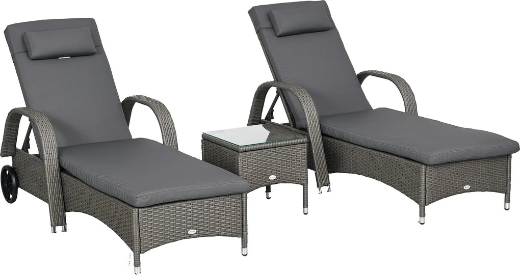 Outsunny Napozóágy Szett 3 Darabos Kerti Bútor, Polyrattan+Fém Szürke+Sötét Szürke | Aosom