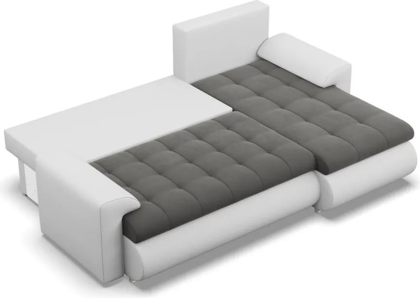 Tokio sarokkanapé, 2 ágyneműtartóval, bársony + műbőr, jobboldali, szürke - fehér