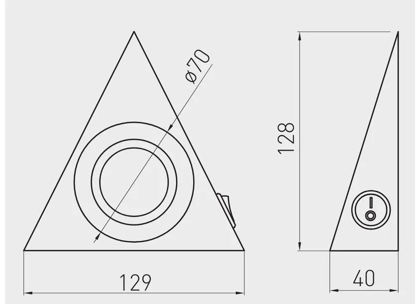 LED Lámpatest, háromszög, hideg fehér, 64mm, 12V, 100lm, 1,4W, kábellel, csatlakozóval, kapcsolóval, szálcsiszolt