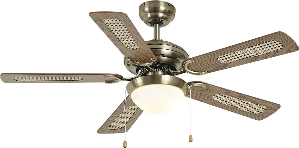 Mennyezeti ventilátor sárgaréz színben, famintával és rattan 105 cm-es húzókapcsolóval - Mistral Majas