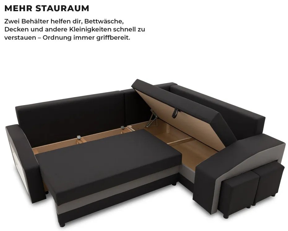 Grande sarokkanapé polcokkal és puffokkal , polc a bal karfaban puffok a jobb karfaban, jobboldali, szövet anyag, hab töltet, fekete - szürke
