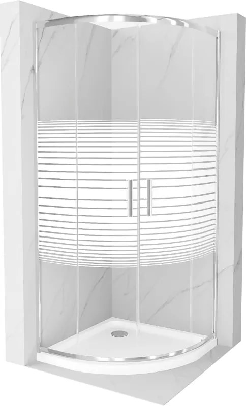 Mexen Rio 80 x 80 cm félköríves zuhanykabin, fehér csíkok, króm + Flat zuhanytálca, fehér - 863-080-080-01-20-4110