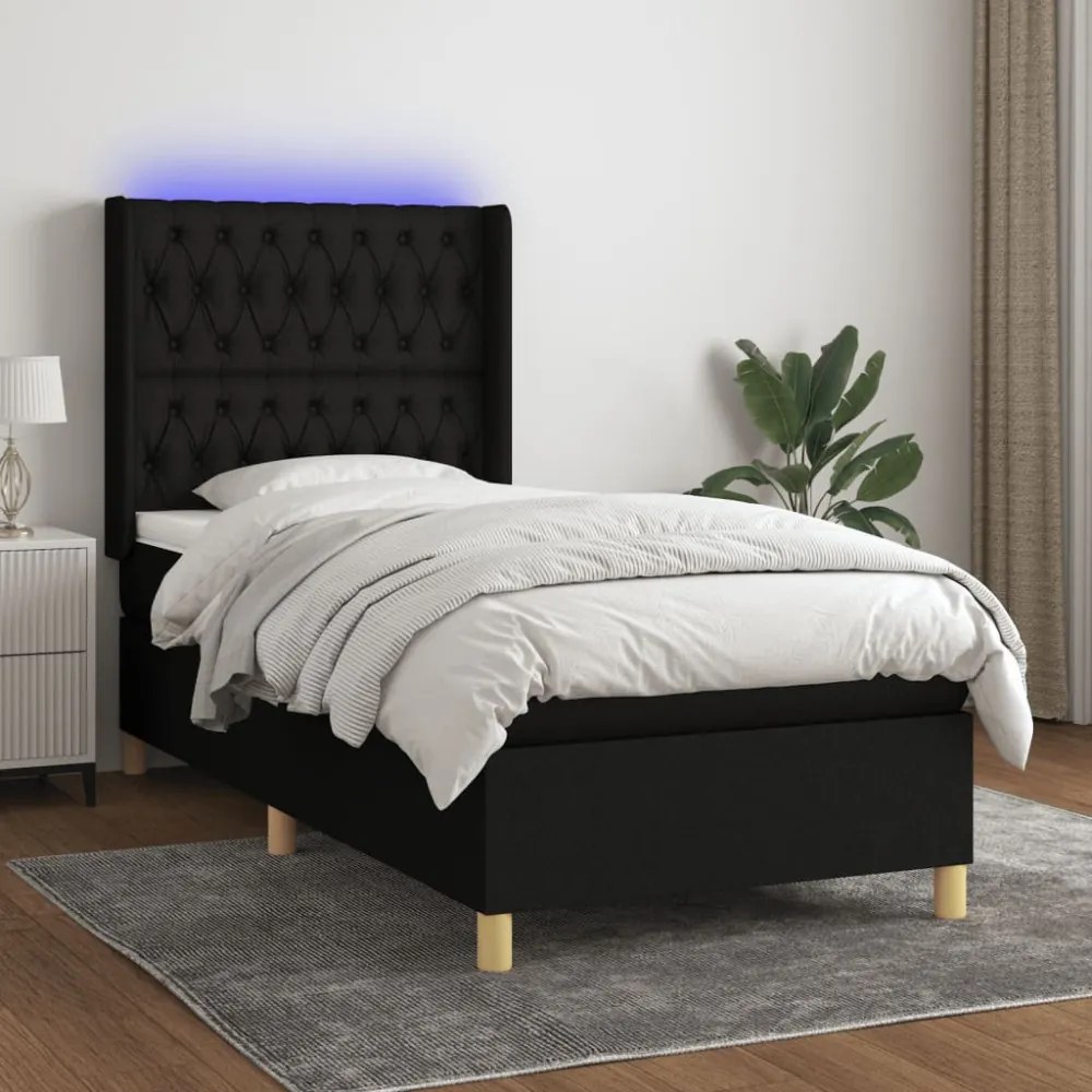 fekete szövet rugós és LED-es ágy matraccal 90x200 cm