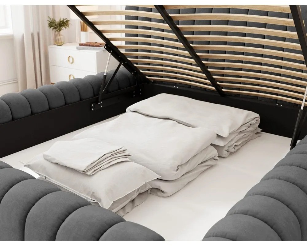 Sötétszürke kárpitozott ágyneműtartós franciaágy ágyráccsal 180x200 cm Carilla – ELTAP