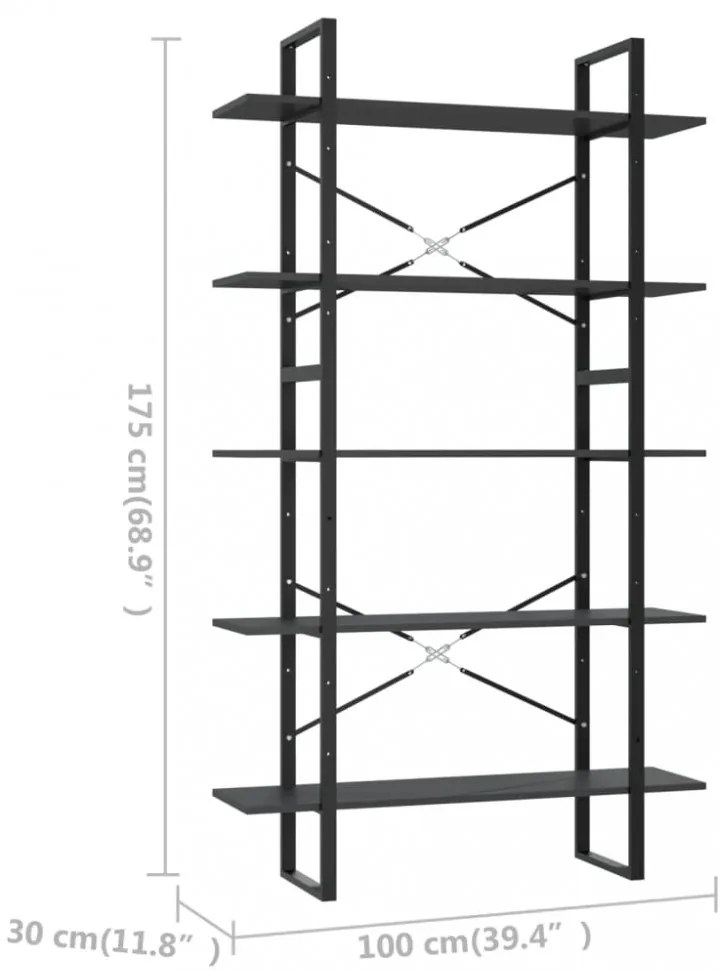 5 szintes szürke szerelt fa könyvszekrény 100 x 30 x 175 cm