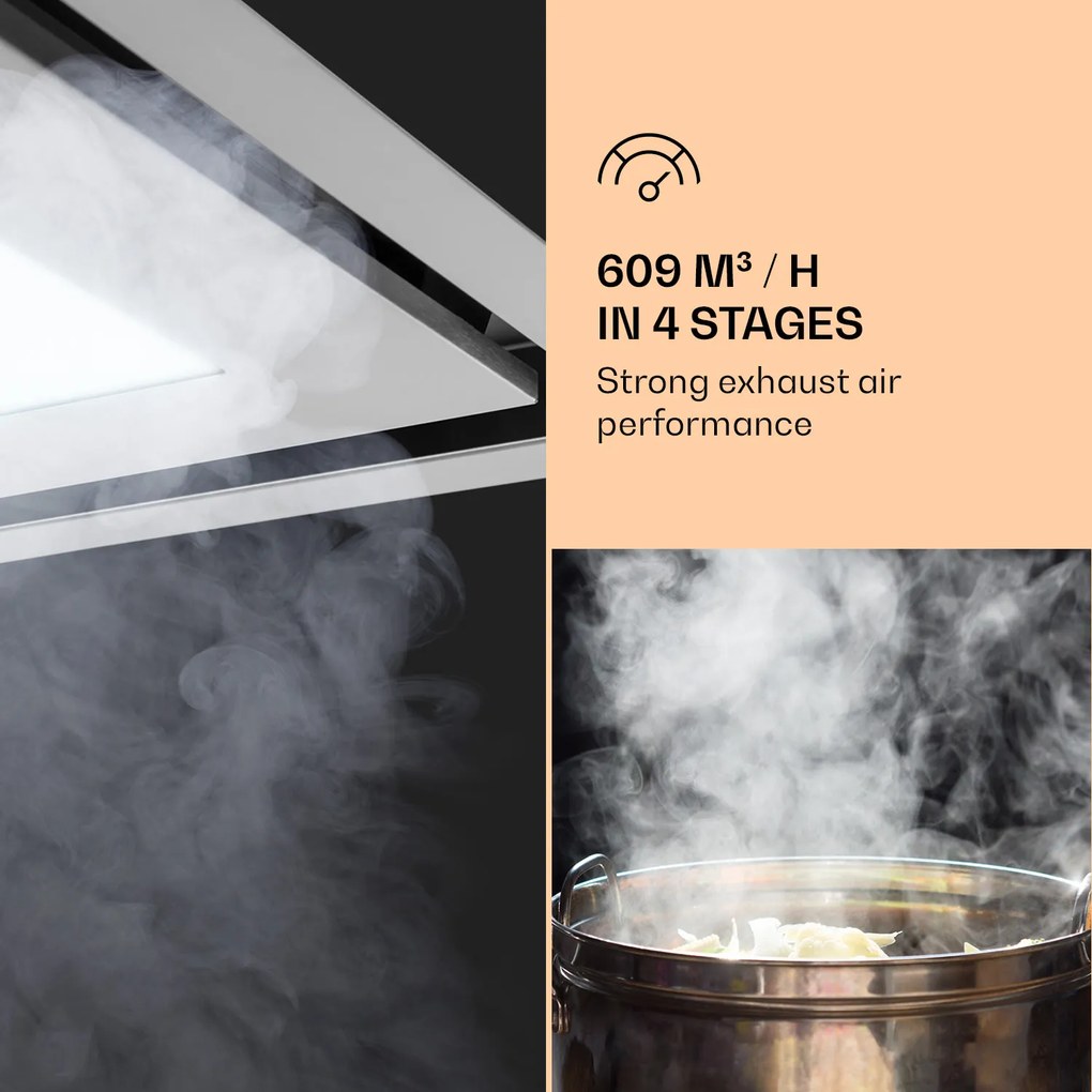 Klarstein Remy Brilliant Edition, sziget páraelszívó, 90 cm, 609 m³/ó, A energiahatékonysági osztály, LED, üveg, nemesacél