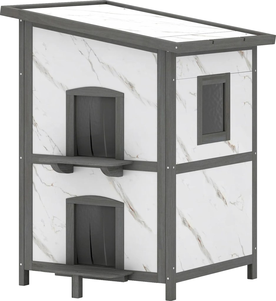 PawHut kétszintes szigetelt kültéri fa macskaház ablakkal és több bejárattal, vízálló tetővel — 60 x 60 x 88 cm, fehér | Aosom