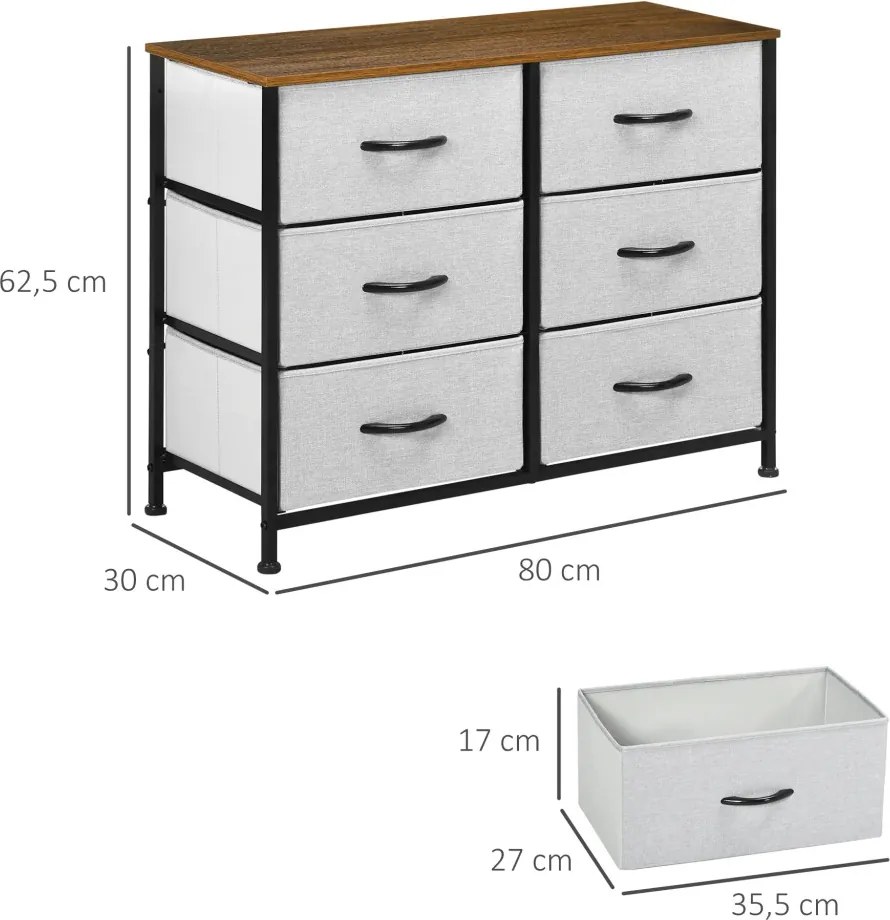 HOMCOM Fiókos tálalószekrény, 6 fiókos, szövet fiókos, 80 x 30 x 62,5 cm, barna-fekete