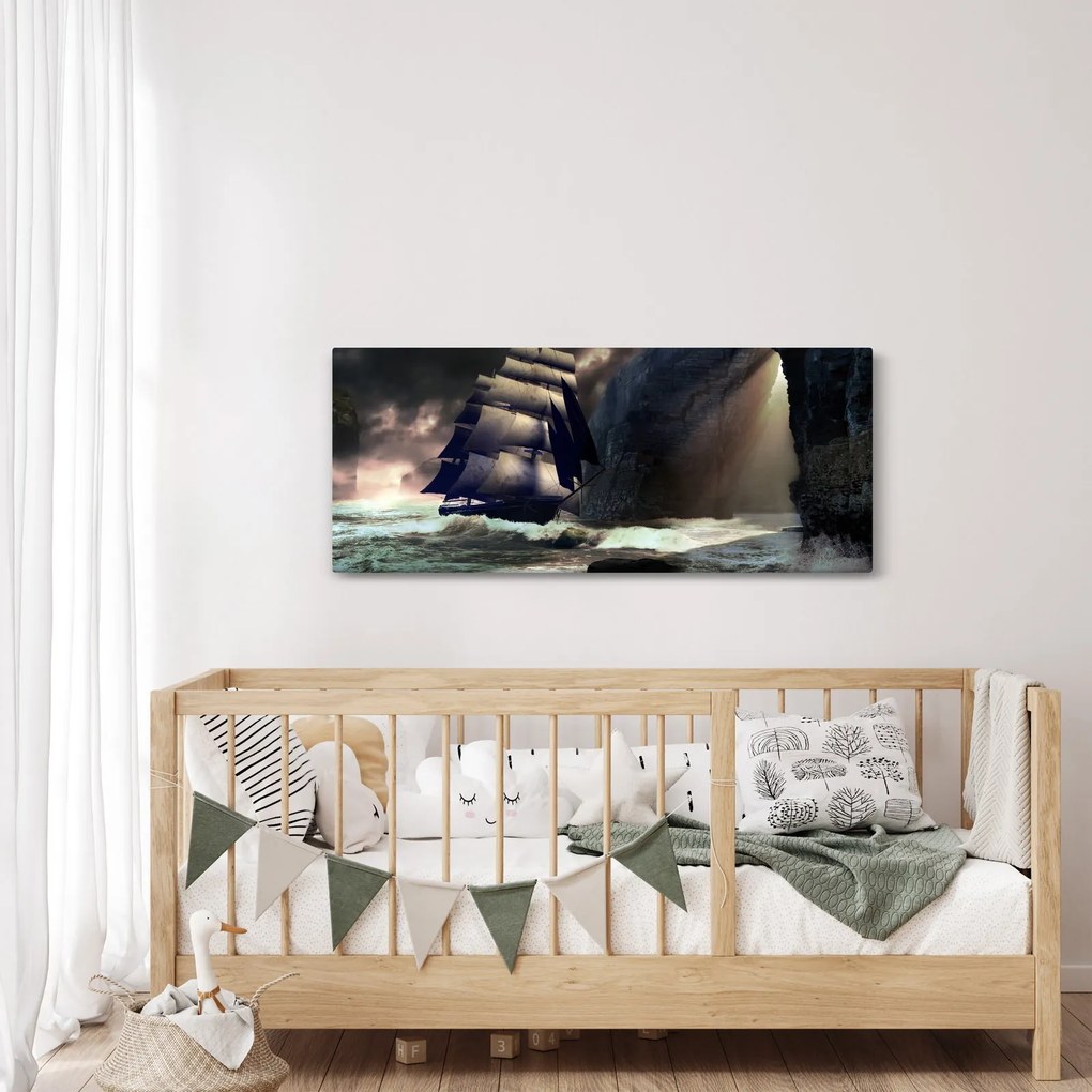 Kép - hajó a sziklák között (120x50 cm)