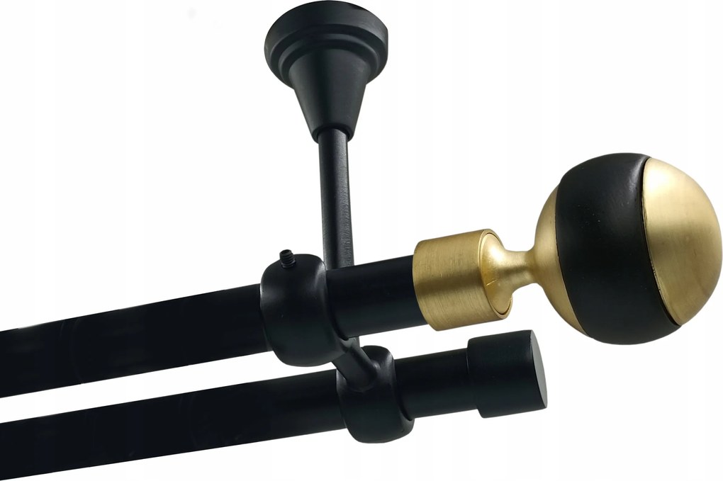 Dupla függönykarnis Mennyezeti Fém 19+19mm Fekete 180cm Gömb Nagy Kerekek Nélkül