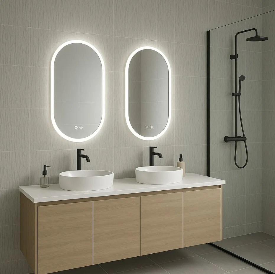 Erga Demi, ovális LED tükör 50x80cm, 3 színű fény, első világítás, páramentes fűtőbetét, ERG-V01-Demi-5080-CL