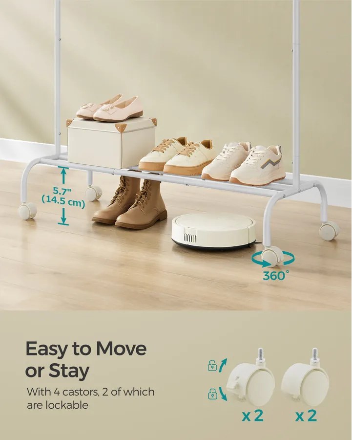 Ruhafogas kerekekkel és polccal, strapabíró fémváz, felhőfehér