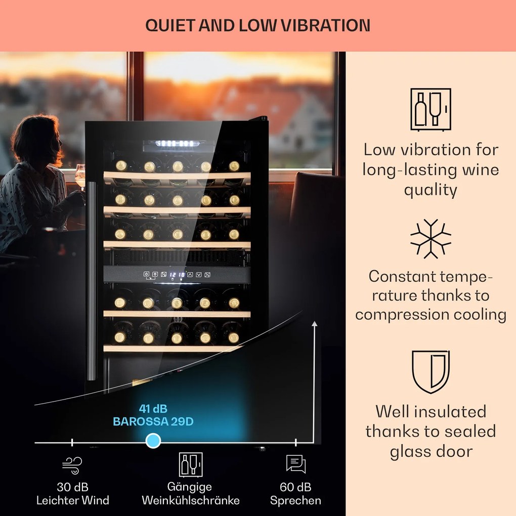 Klarstein Barossa 29 Duo, borhűtő, 80 liter, 29 palack, 2 zóna, gombos vezérlés