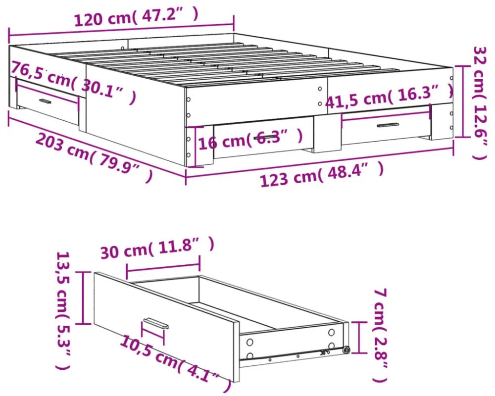 betonszürke szerelt fa ágykeret fiókokkal 120 x 200 cm