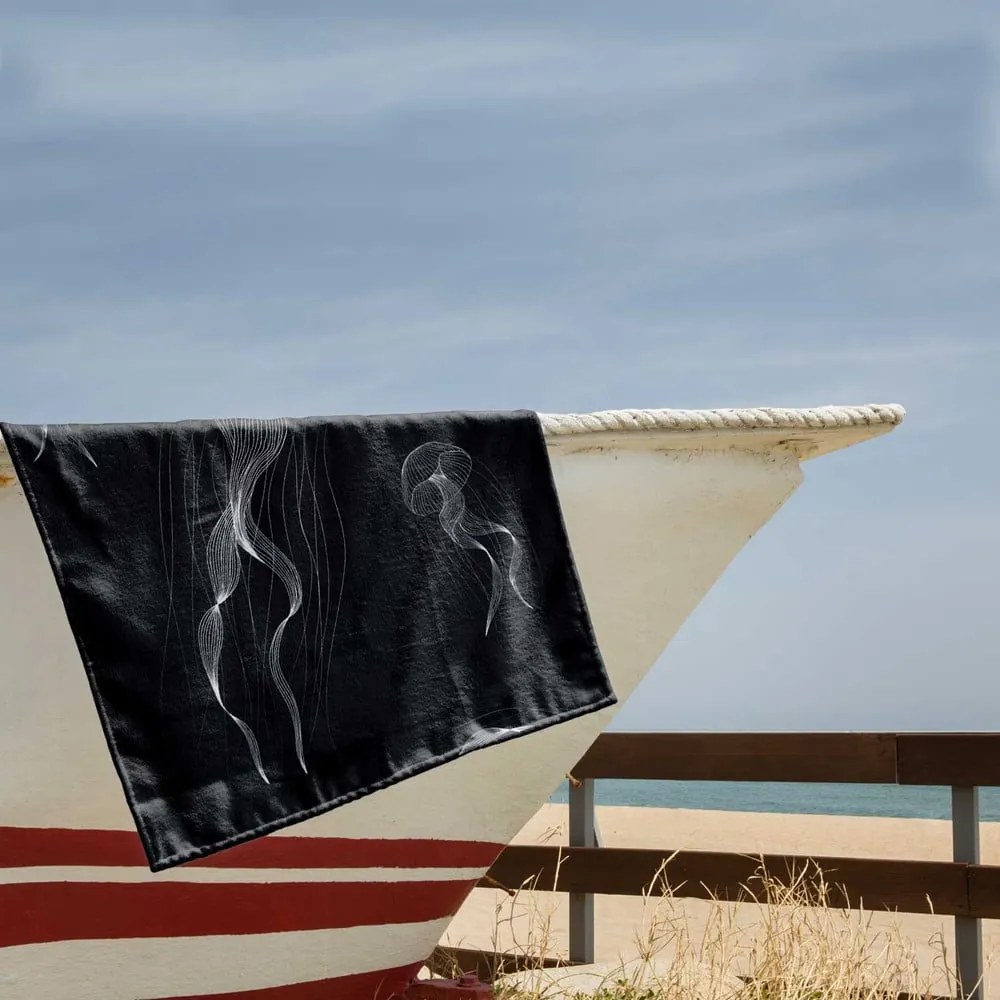 Fekete-fehér strandtörölköző 90x180 cm Jellyfish – DecoKing