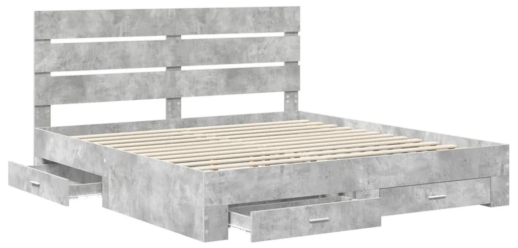 vidaXL Ágykeret fiókkal fejtámlával Beton Szürke 200 x 200 cm Faanyag