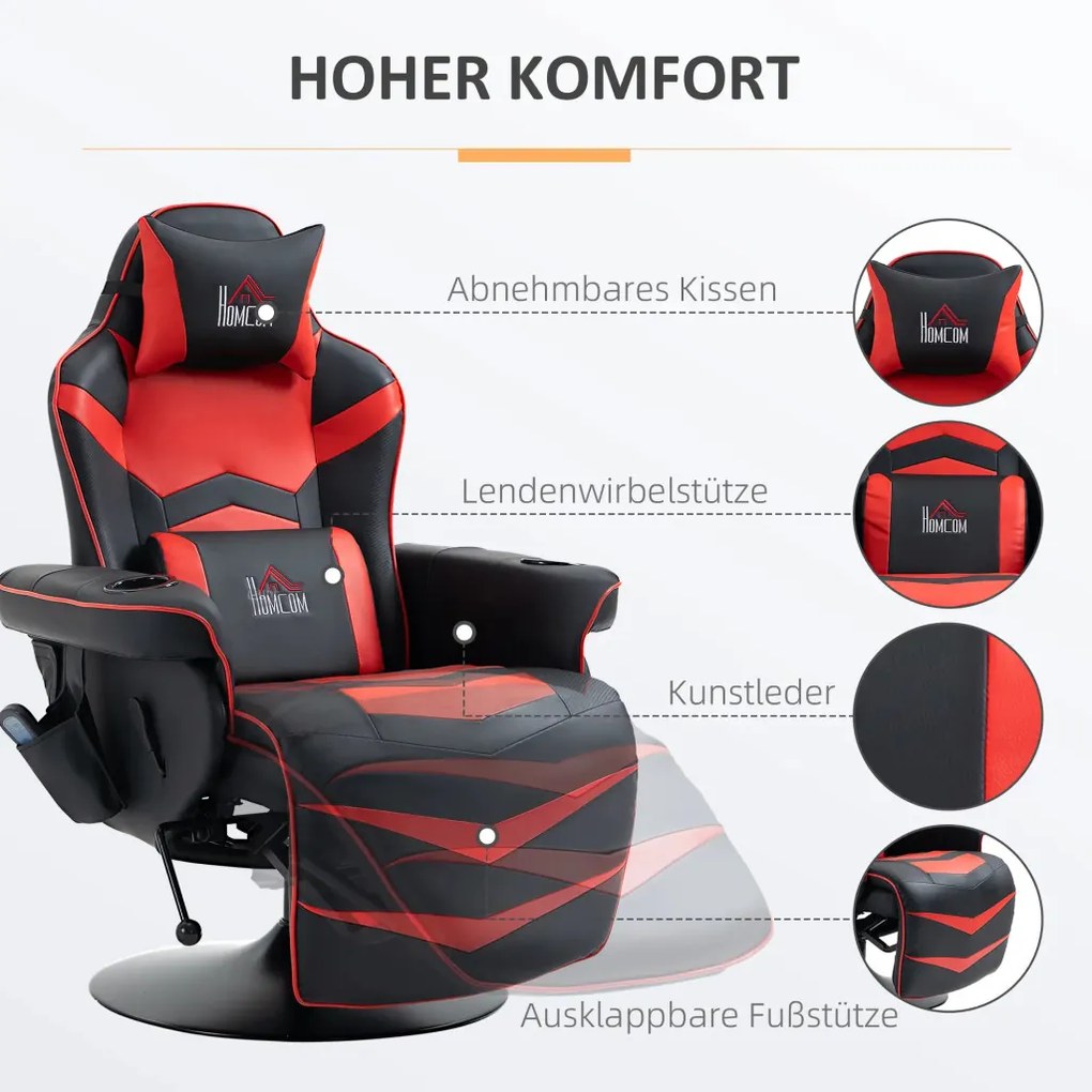 HOMCOM Prémium Gamer Szék, masszázs funkció, dönthető háttámla, lábtartó, acél keret, műbőr, piros