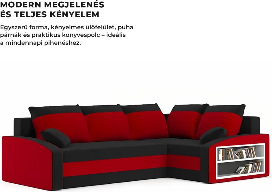 Grande sarokkanapé polcokkal , polc a jobb karfaban, jobboldali, szövet anyag, bonell töltet, fekete - piros