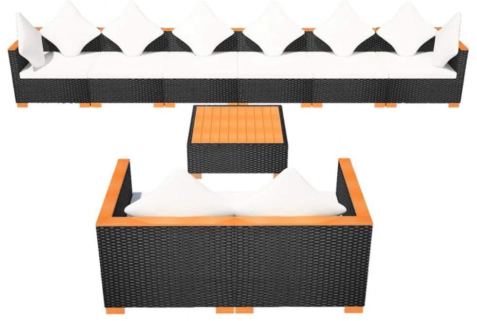 9-részes fekete polyrattan kerti bútorszett párnákkal