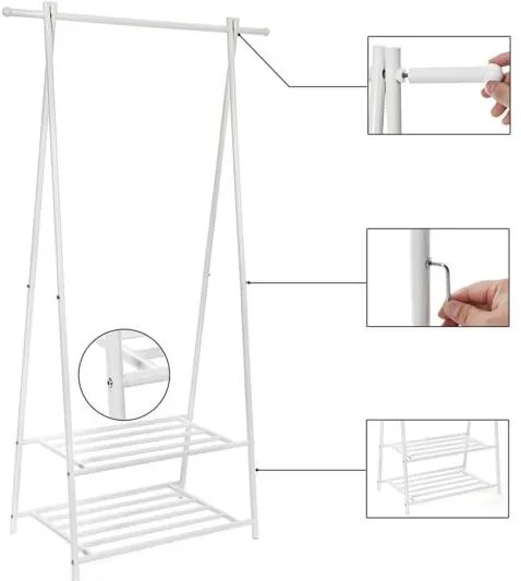 Kabáttartó, kabátállvány, ruhafogas 2 szintes polccal, cipőtárolóval, fehér