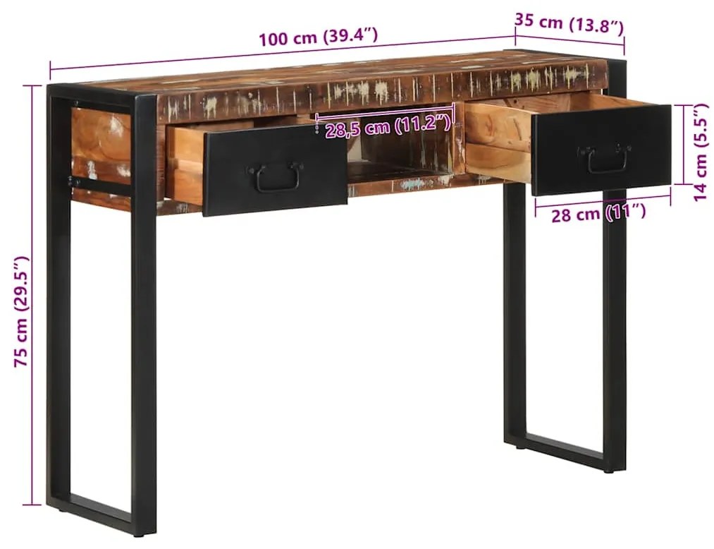 konzolasztal többszínű 100x35x75cm tömörfa újrahasznosított fa