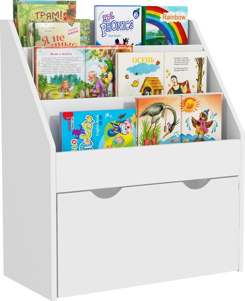 AIYAPLAY Gyermek Könyvespolc 3-8 Éveseknek 3 Polccal és Alsó Fiókkal, MDF Fa Játékpolc, 62.5x30x70 cm, Fehér | Aosom