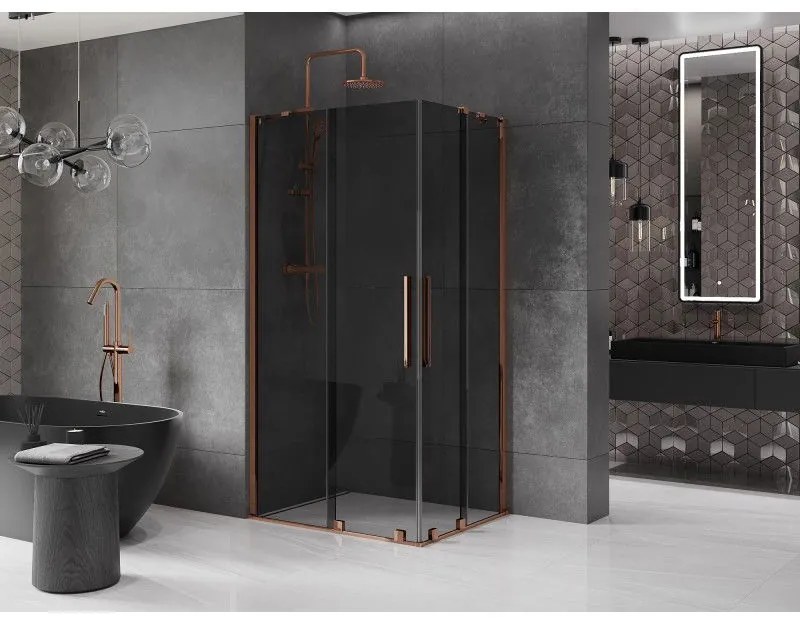 Mexen Velar Duo, zuhanykabin tolóajtóval 90 x 80 cm, 8mm szürke üveg, rózsaszín arany, 871-090-080-42-60