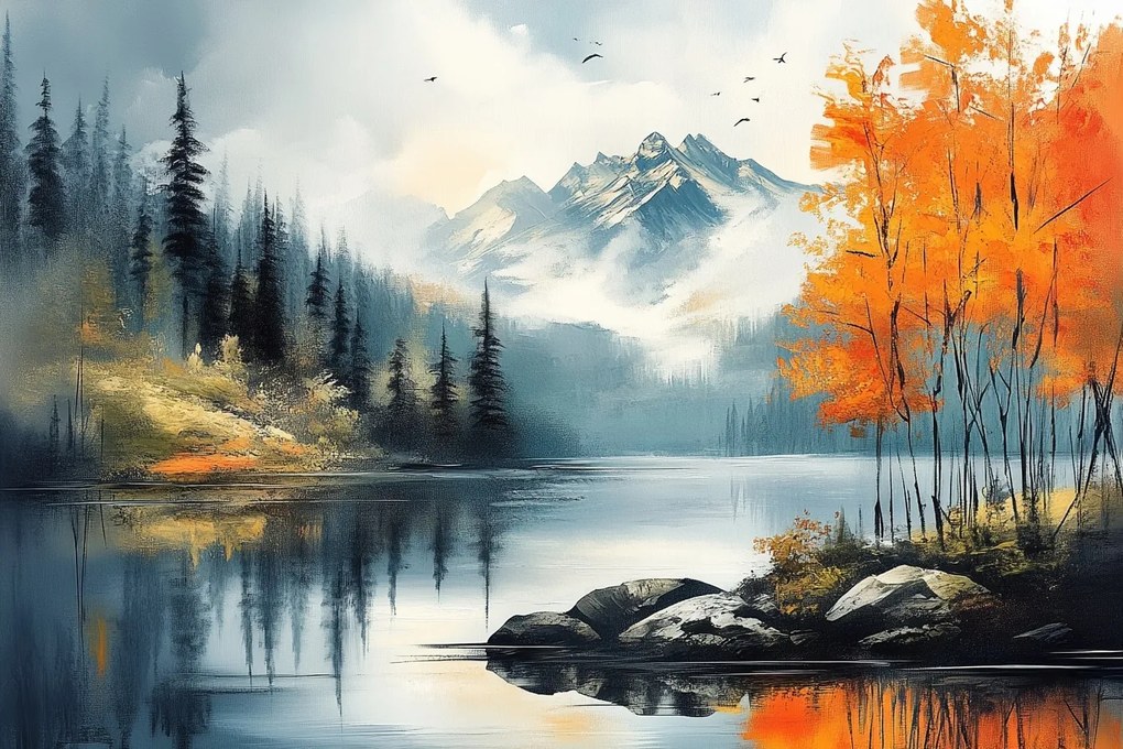 Vászonkép Canvas Tájkép Kanada Hegyek Erdő Tó Fjord Ősz 120x80