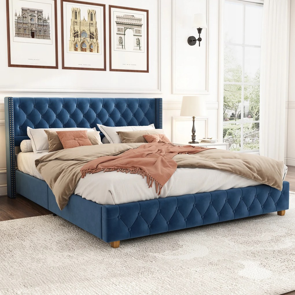 Kárpitozott ágy 160*200 cm Kárpitozott gombok bársony kék