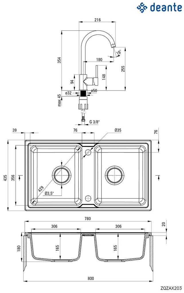 Deante Zorba, gránit mosogató 780x435x180 mm B / O + helytakarékos szifon, 2 kamrás + Nemezja csaptelep, grafit, ZQZA2203
