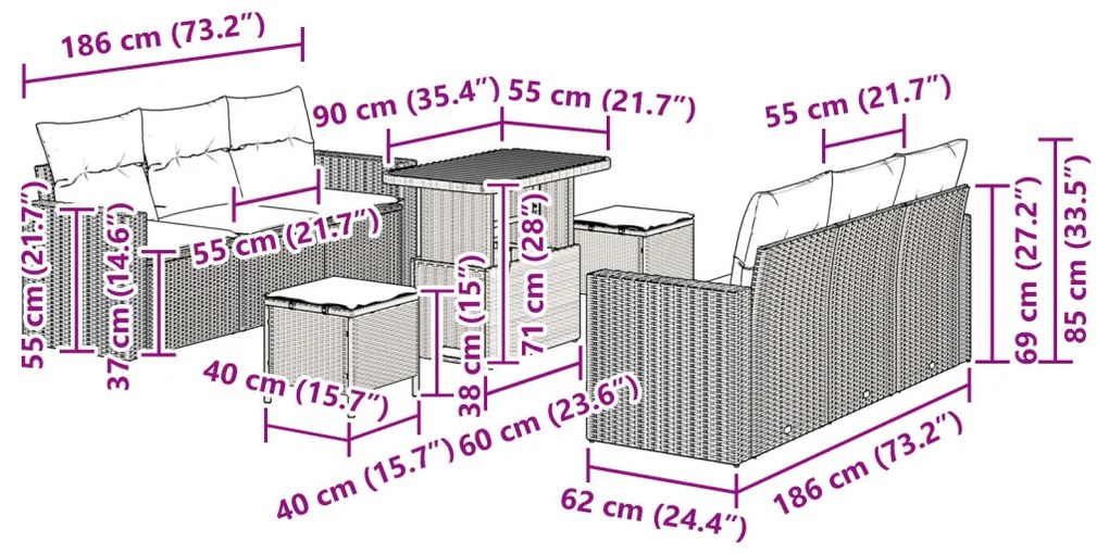 9 Pcs Kertibútor Szett Párnákkal Szürke Poli Rattan Akác, 3 Pcs Kert Étkező Szett Párnákkal Szürke Poli Rattan Akác