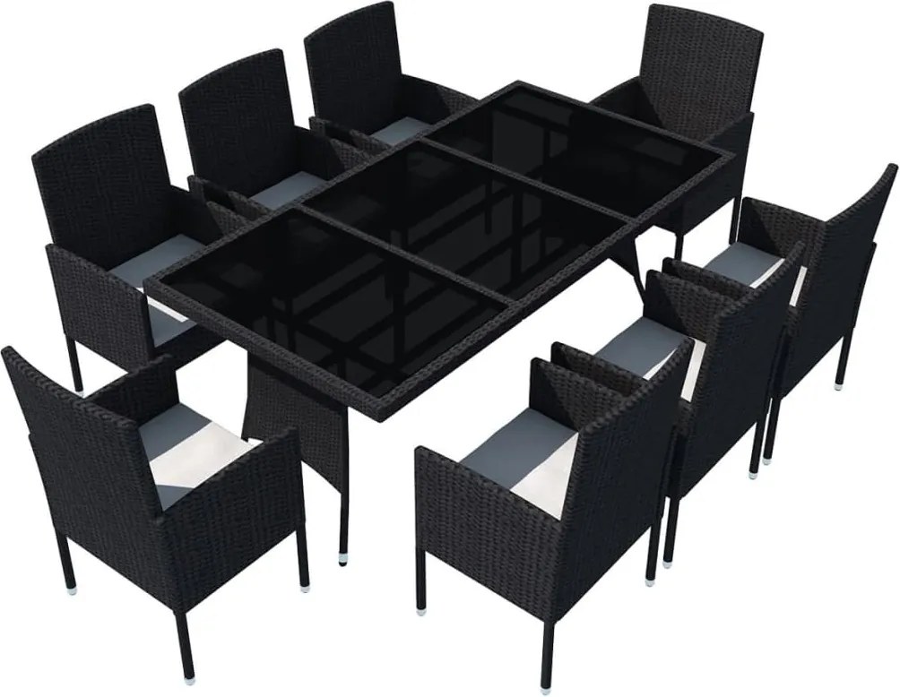 vidaXL 9-részes fekete polyrattan kültéri étkezőszett párnákkal